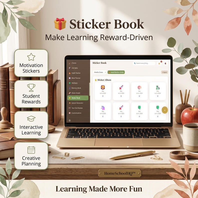 May include: A laptop displaying a digital Sticker Book interface with icons for motivation stickers, student rewards, interactive learning, and creative planning. The screen shows a grid of colorful stickers labeled with names and dates.