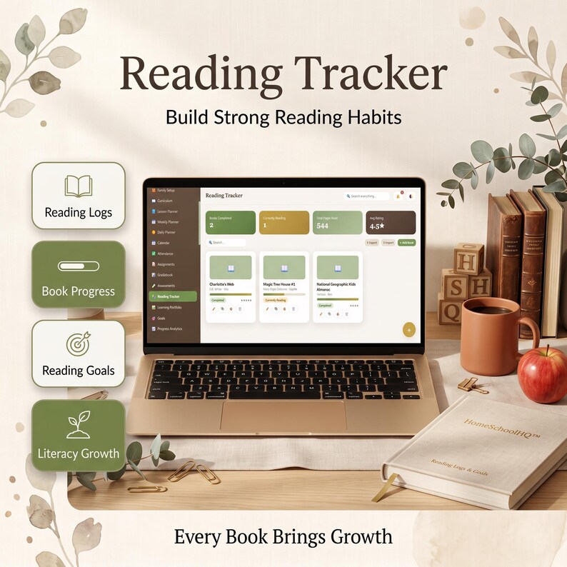 May include: A digital reading tracker displayed on a laptop screen, featuring sections for reading logs, book progress, reading goals, and literacy growth. The screen shows book titles and statistics. A notebook, mug, and apple sit on the desk.