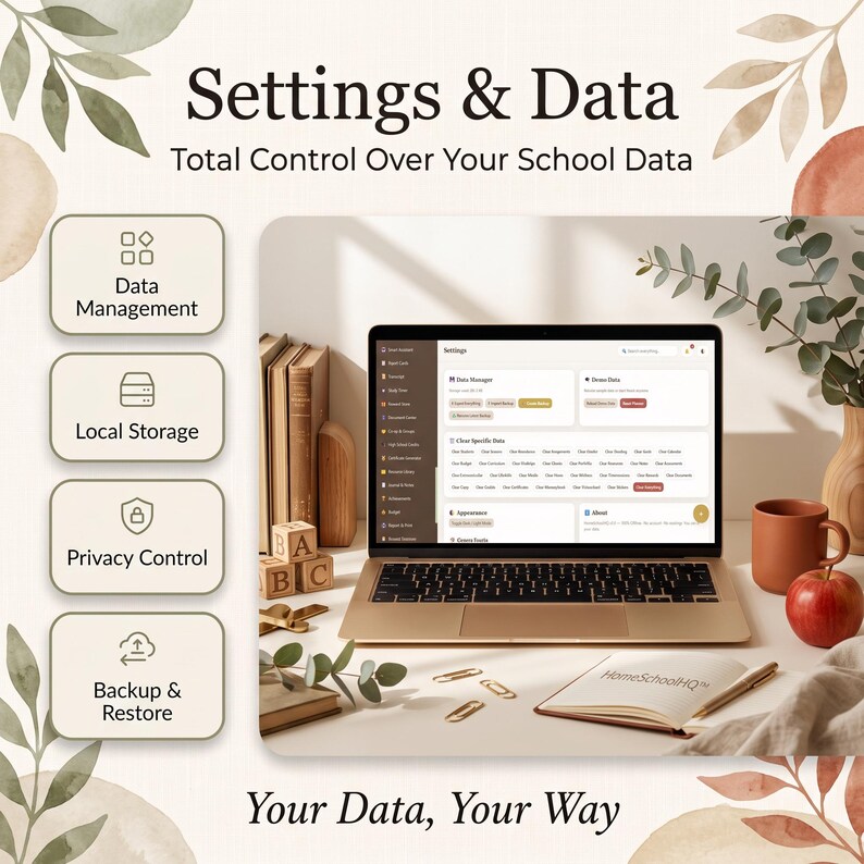 May include: A digital interface display titled Settings & Data, Total Control Over Your School Data, featuring four icons for Data Management, Local Storage, Privacy Control, and Backup & Restore. A laptop shows a software dashboard with menu options.