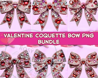 Puede incluir: Una colección de seis lazos de pedrería en varios diseños. Cada lazo presenta una base rosa adornada con pedrería roja, rosa y transparente. Los lazos están dispuestos en una cuadrícula, con el texto "VALENTINE COQUETTE BOW PNG BUNDLE" en el centro.