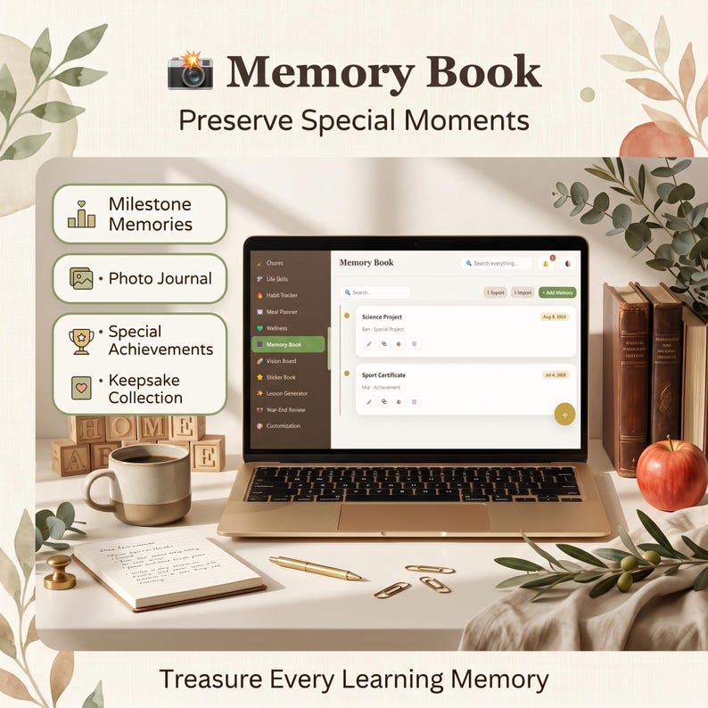 May include: A laptop displaying a digital Memory Book interface with sections for Milestone Memories, Photo Journal, Special Achievements, and Keepsake Collection. The screen shows entries for Science Project and Sport Certificate.