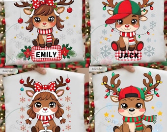 6 Noël enfants personnalisés PNG, mignon renne garçon fille PNG, plaid noeud boule casquette renne, sublimation chemise de Noël enfants téléchargement numérique