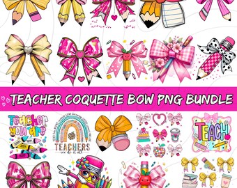 21 Teacher Coquette Bow PNG Bundle, Pencil Bow Clipart, Back to School Classroom Decor, Cute teacher Sublimation png, Digital Download