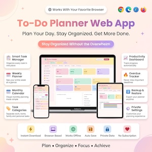Webbapp för att göra-lista | Daglig veckovis månadsplanerare | Instrumentpanel för uppgiftsspårning | Checklista för digital produktivitet och schemaläggningsplanerare offline