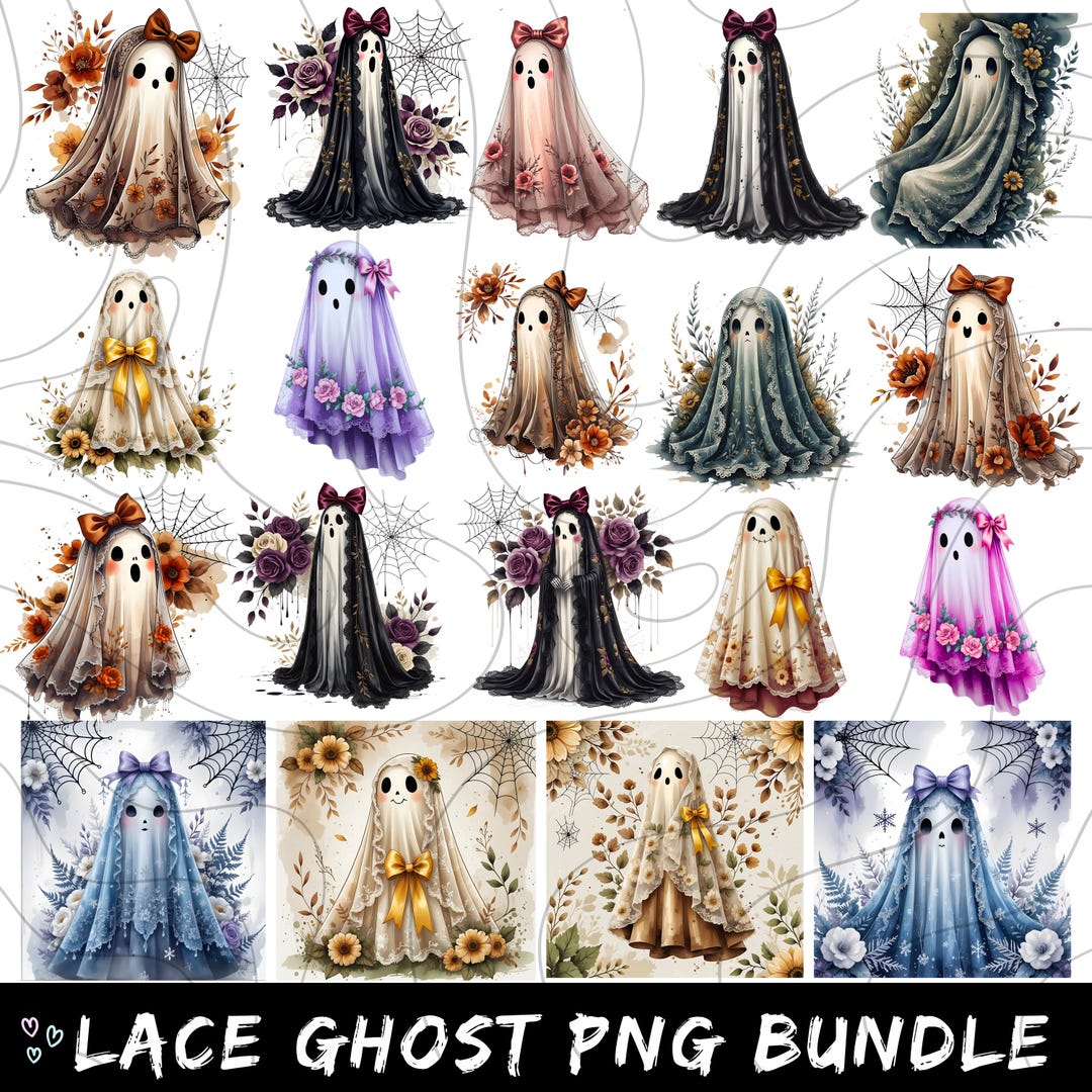 25 Cute Lace Ghost PNG Bundle, Coquette Bow Ghost Halloween Png, Retro ...
