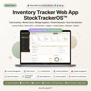 Puede incluir: Un portátil que muestra el panel de control de la aplicación web de seguimiento de inventario StockTrackerOS. La interfaz muestra listas de productos, niveles de stock y análisis. El texto incluye Inventory Tracker Web App, StockTrackerOS y etiquetas de funciones como Inventory Management, Stock In & Out, Low Stock Alerts y Real-Time Analytics.
