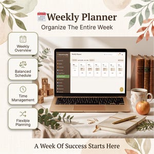 May include: A laptop displaying a Weekly Planner interface with a dashboard, calendar, and schedule. The screen shows text including Weekly Planner, Organize The Entire Week, and A Week Of Success Starts Here. Icons for Weekly Overview, Balanced Schedule, Time Management, and Flexible Planning are visible.