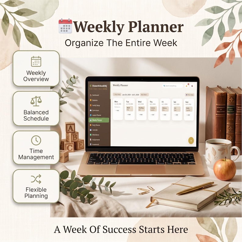 May include: A laptop displaying a Weekly Planner interface with a dashboard, calendar, and schedule. The screen shows text including Weekly Planner, Organize The Entire Week, and A Week Of Success Starts Here. Icons for Weekly Overview, Balanced Schedule, Time Management, and Flexible Planning are visible.