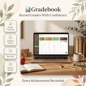 May include: A digital gradebook software interface displayed on a laptop screen, featuring grade tracking, subject scores, and performance records. The screen shows data tables and summary cards. Text includes Gradebook, Record Grades With Confidence.