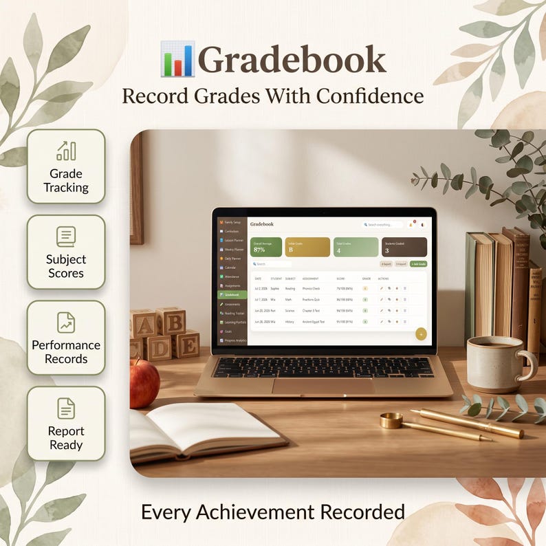 May include: A digital gradebook software interface displayed on a laptop screen, featuring grade tracking, subject scores, and performance records. The screen shows data tables and summary cards. Text includes Gradebook, Record Grades With Confidence.