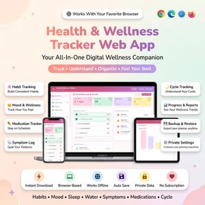 May include: A digital Health & Wellness Tracker web app displayed on a laptop, smartphone, and tablet. The interface features modules for habit, mood, medication, symptom, and cycle tracking, plus progress reports, backup options, and private settings.