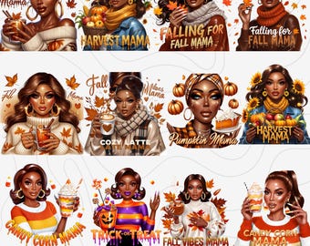 Black Girl Fall Clipart PNG Bundle, Cozy Autumn Fashion PNG Set, Afrocentric Fall Clipart for Sublimation, Journals, Crafts Digital Download