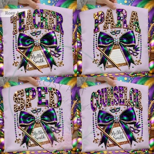 May include: Four light purple teacher-themed pillows with the words "TEACHER", "PARA", "SPED", and "COUNSELOR" in leopard print and purple letters. Each pillow has a green and purple bow, a pencil, and a space for a name.