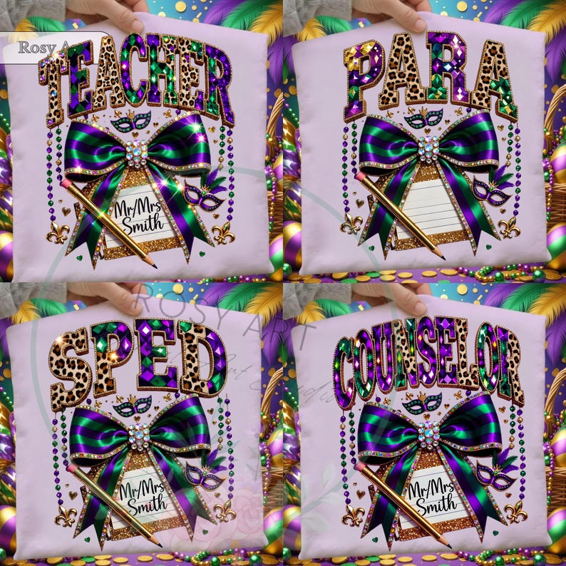 May include: Four light purple teacher-themed pillows with the words "TEACHER", "PARA", "SPED", and "COUNSELOR" in leopard print and purple letters. Each pillow has a green and purple bow, a pencil, and a space for a name.