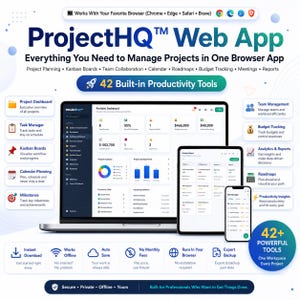 Puede incluir: Interfaz de la aplicación web ProjectHQ mostrada en una computadora portátil, una tableta y un teléfono inteligente. La pantalla muestra un panel con métricas de proyectos, gráficos y listas de tareas. El texto circundante destaca 42 herramientas de productividad integradas, compatibilidad con navegadores y funciones como planificación de proyectos, tableros kanban y seguimiento de presupuestos.