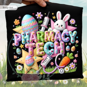 May include: Black cushion featuring a colourful "PHARMACY TECH" design. The design includes Easter eggs, a bunny, flowers, a carrot, a stethoscope, and syringes. The cushion is decorated with pastel colours and star shapes.