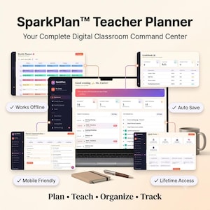 Peut inclure: Interface du planificateur numérique SparkPlan Teacher Planner affichée sur un écran d'ordinateur portable avec des fenêtres contextuelles montrant la planification hebdomadaire, le carnet de notes, la communication et des outils. Texte : Plan, Teach, Organize, Track.