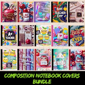 May include: A bundle of composition notebook covers with vibrant designs. The covers display phrases such as "Best Teacher Ever" and "Teaching is my Jam." The illustrations include apples, pencils, and a coffee cup. The notebooks are ideal for school.