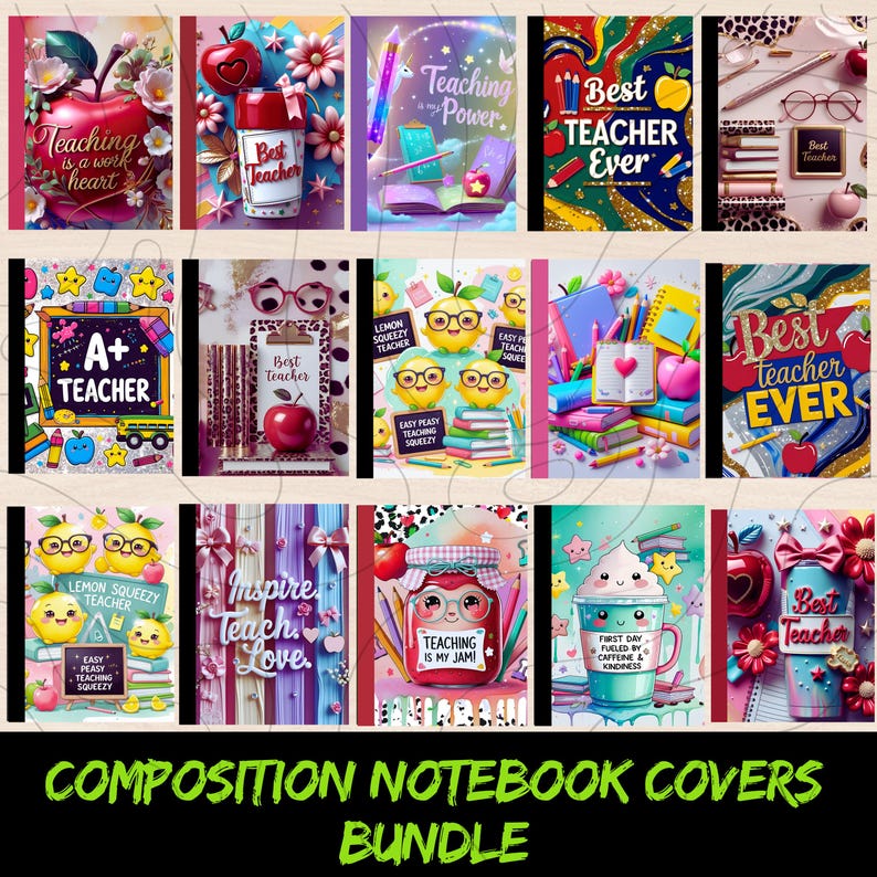 Op de afbeelding: Een bundel kleurrijke compositieboekcovers met diverse ontwerpen. De covers tonen teksten als "Best Teacher Ever" en "Teaching is my Jam". De bundel bevat afbeeldingen van appels, potloden en koffiekopjes. Ideaal voor school.