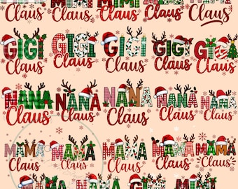 Noël Gigi Mimi Mama Nana Claus PNG Bundle | Clipart père Noël à carreaux rétro pour t-shirts de Noël, tasses, ornements, sublimation