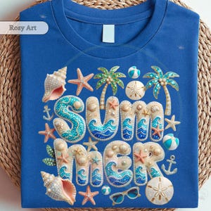 May include: A blue t-shirt with a vibrant "SUMMER" design. The design features seashells, starfish, palm trees, and waves, with the word "SUMMER" spelled out in a decorative font. The shirt has a classic crew neck.
