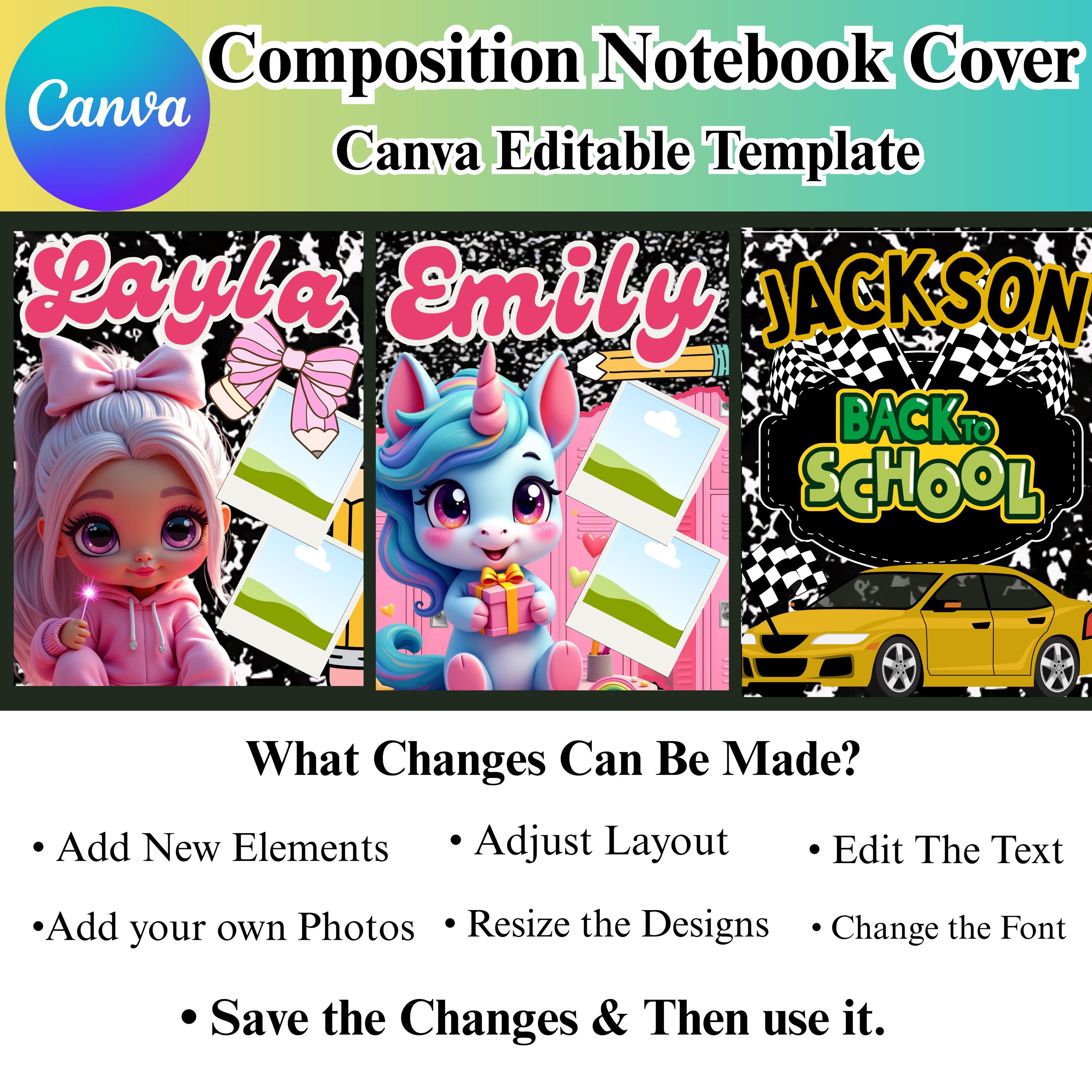 Editable Composition Notebook Covers Canva Templates, Back to School ...
