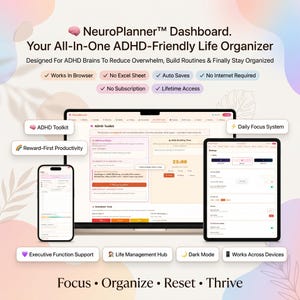 Puede incluir: Un panel digital llamado NeuroPlanner, mostrado en una computadora portátil, tableta y teléfono inteligente. La interfaz incluye un ADHD Toolkit, Daily Focus System y herramientas de productividad. Texto: Focus, Organize, Reset, Thrive.