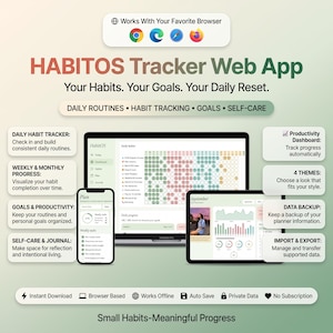 Peut inclure: L'interface de l'application web HABITOS Tracker affichée sur un ordinateur portable, une tablette et un smartphone. Elle comprend le suivi quotidien des habitudes, les progrès hebdomadaires et mensuels, l'organisation des objectifs et un journal.