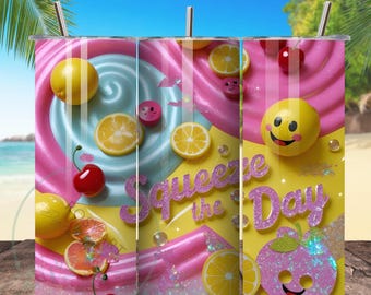 Drücken Sie die Day Lemon Squeezy Tumbler Wrap PNG, 20 Unzen Skinny Sublimation, Zitrus Ästhetische Pink Limonade Tasse, Kawaii Sommer Obst Wrap