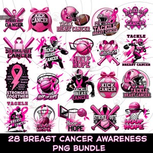 K&ouml;nnte beinhalten: Eine Sammlung von 28 pinkfarbenen PNG-Grafiken zum Thema Brustkrebs-Aufkl&auml;rung. Designs umfassen Footballhelme, Baseballschl&auml;ger, Basketballk&ouml;rbe und Schleifen, mit Slogans wie "Tackle Breast Cancer". Der Text "28 Breast Cancer Awareness PNG Bundle" befindet sich unten.