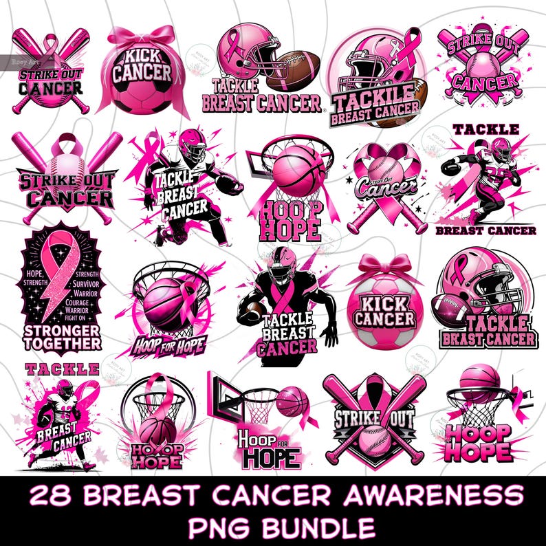 K&ouml;nnte beinhalten: Eine Sammlung von 28 pinkfarbenen PNG-Grafiken zum Thema Brustkrebs-Aufkl&auml;rung. Designs umfassen Footballhelme, Baseballschl&auml;ger, Basketballk&ouml;rbe und Schleifen, mit Slogans wie "Tackle Breast Cancer". Der Text "28 Breast Cancer Awareness PNG Bundle" befindet sich unten.