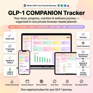 Peut inclure: Un planificateur numérique GLP-1 Companion Tracker affiché sur un ordinateur portable, un smartphone et une tablette. L'interface présente des sections aux couleurs pastel pour les doses, plans, poids, nutrition, symptômes, laboratoires et rendez-vous.