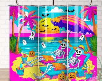 Summerween Png, Summer Skeleton Beach 20 oz Skinny Tumbler Wrap, Halloween Party digital Sublimation, Spooky Pumpkin retro beach vibes