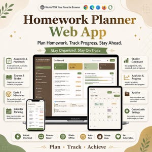 May include: A Homework Planner Web App interface displayed on a laptop, tablet, and smartphone. The screen shows a dashboard with assignments, GPA, courses, and goals. Text includes "Works With Your Favorite Browser," "Plan Homework. Track Progress. Stay Ahead," and "Stay Organized. Stay On Track."