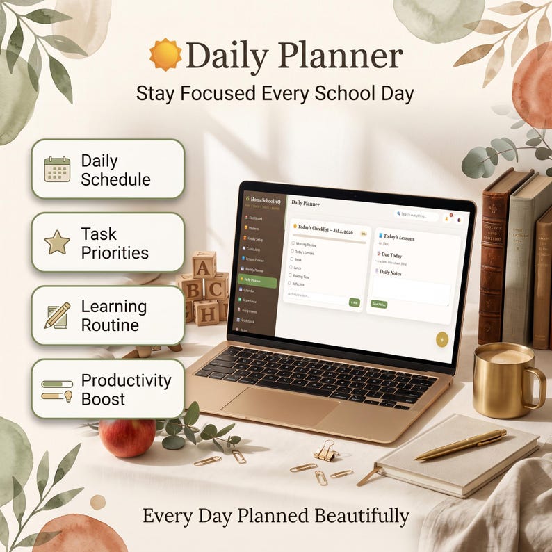 May include: A laptop displaying a digital daily planner interface with sections for daily schedule, task priorities, learning routine, and productivity boost. The screen shows text including Daily Planner, Stay Focused Every School Day, and Every Day Planned Beautifully.
