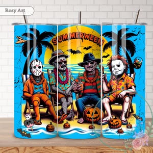 Summerween skräckkaraktärer tumblerwrap PNG, 20 oz sublimering strand Halloween filmikoner, läskig semester rolig pumpa design