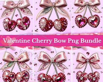 Paquete PNG de lazos de cereza para San Valentín, coqueta de diamantes de imitación para San Valentín, lazo de corazón de cereza, clipart de amor de San Valentín rosa glamuroso, descarga digital