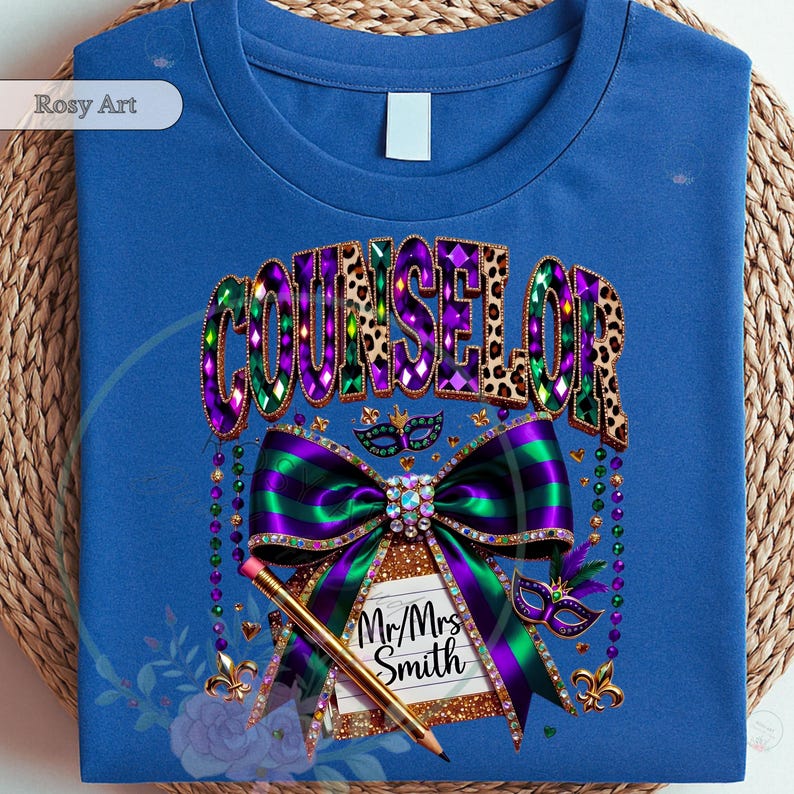 May include: Blue t-shirt with a Counselor design. The design features the word "COUNSELOR" in purple, green, and leopard print. A large bow with green and purple stripes, a pencil, and the text "Mr/Mrs Smith" are also included.