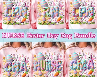 Infirmière Pâques Png Bundle, IA LPN CNa CMA Joyeuses Pâques faux fil infirmière lapin Coquette noeud stéthoscope png Design de chemise téléchargement numérique