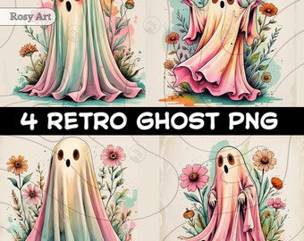 Cute Retro Ghost PNG Bundle, Pastel Floral Halloween PNG, Vintage Spooky Ghost Clipart, Preppy Girly Boo PNG for Shirts & Sublimation