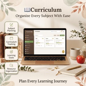 May include: A laptop displaying the HomeSchoolHQ curriculum dashboard with sections for Math, Science, and Phonics. Text includes Curriculum, Organize Every Subject With Ease, Subject Planning, Curriculum Tracking, Learning Goals, Resource Organization, and Plan Every Learning Journey.