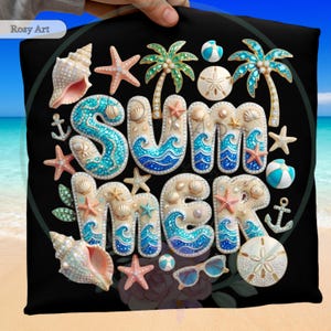 May include: Black decorative pillow with the word "SUMMER" in a beach-themed design. The letters are adorned with seashells, starfish, and blue waves. Palm trees, anchors, and sunglasses complete the summer theme.