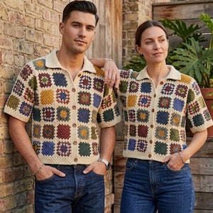 Giacca lavorata a maglia patchwork fatta a mano, top all'uncinetto boho, giacca stile "nonna quadrata", cardigan all'uncinetto fatto a mano, camicia all'uncinetto di alta qualità, giacca etnica boho