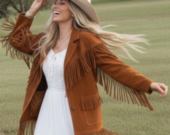 May include: A brown suede jacket with long fringe detailing on the sleeves, chest, and hem. The jacket has a button closure and two front pockets. The person is wearing a white dress and a beige cowboy hat. The background is a green field.