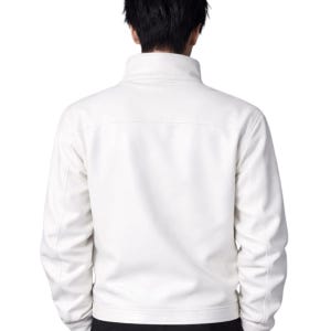 May include: A white jacket with a high collar, viewed from the rear. The jacket has a simple design with minimal stitching. The sleeves are long, and the material appears smooth. A classic, versatile piece of outerwear.