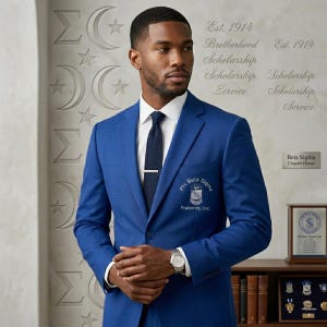 Puede incluir: Un hombre con un traje azul real, camisa blanca y corbata azul marino. El traje tiene un emblema de la fraternidad Phi Beta Sigma. El fondo presenta el texto "Est. 1914 Brotherhood Scholarship Service."