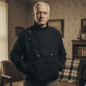May include: A black jacket with an unusual asymmetrical button design and a high collar. The jacket has several buttons and a pocket on the front. The person in the image is wearing the jacket. The jacket is a dark colour.