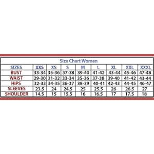 May include: A women's clothing size chart, displaying measurements in inches. The chart ranges from XXS to XXXL, providing bust, waist, hips, sleeve, and shoulder measurements. The text "Size Chart Women" is at the top.