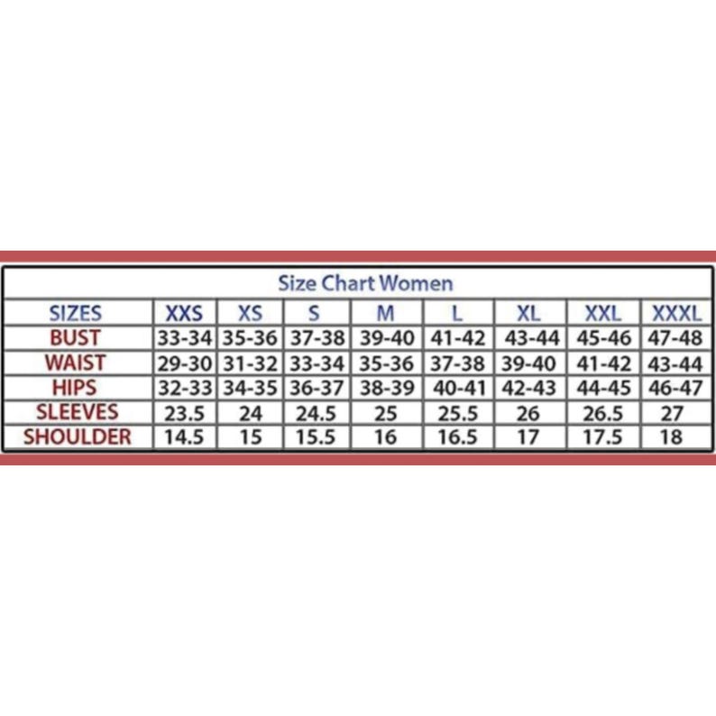 May include: A women's clothing size chart, displaying measurements in inches. The chart ranges from XXS to XXXL, providing bust, waist, hips, sleeve, and shoulder measurements. The text "Size Chart Women" is at the top.