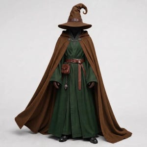 May include: A dark green robe with long sleeves and a high collar, worn under a long brown hooded cloak with a metal clasp. The outfit includes a brown leather belt with a small attached pouch, a pointed brown hat, and dark brown shoes.